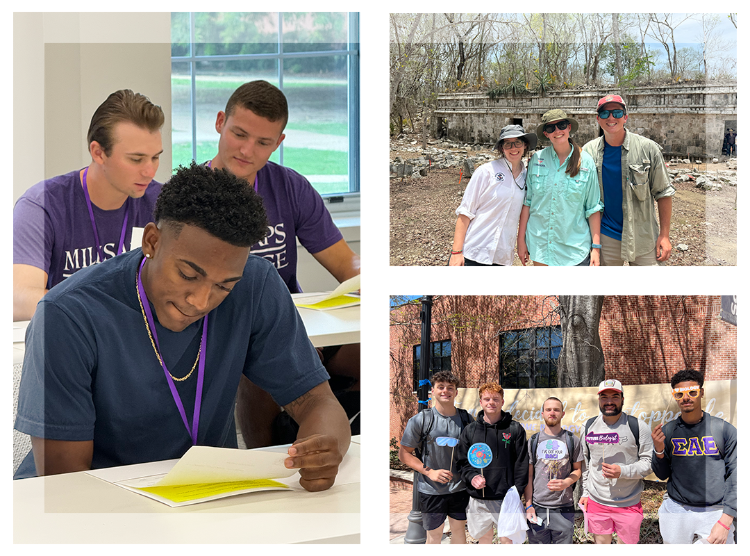 A collage of students in various spaces around campus