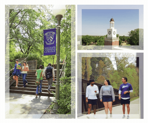 A collage of scenes from Millsaps with a moving video of students walking on campus on the bottom right.